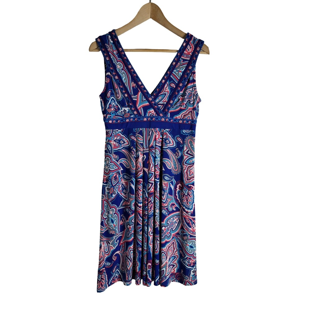 INC International Concepts Blue Paisley V-Neck Empire Waist Dress M Resort